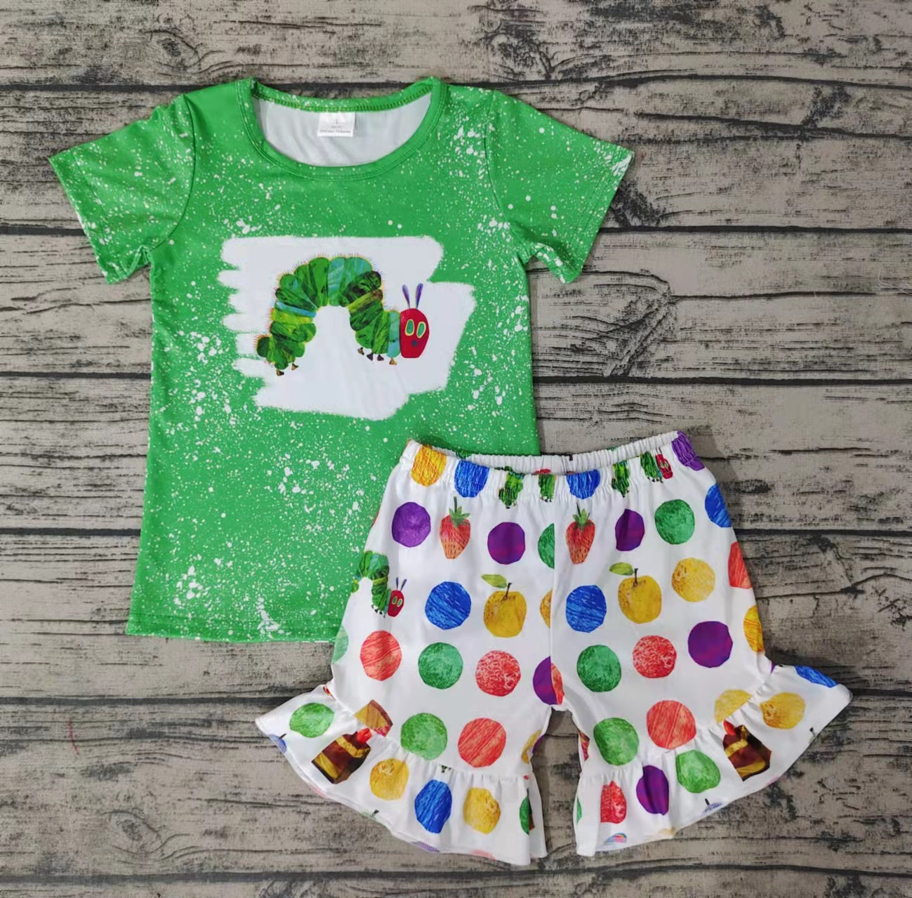 Girls Green Caterpillar Short Sleeve Shorts Suit