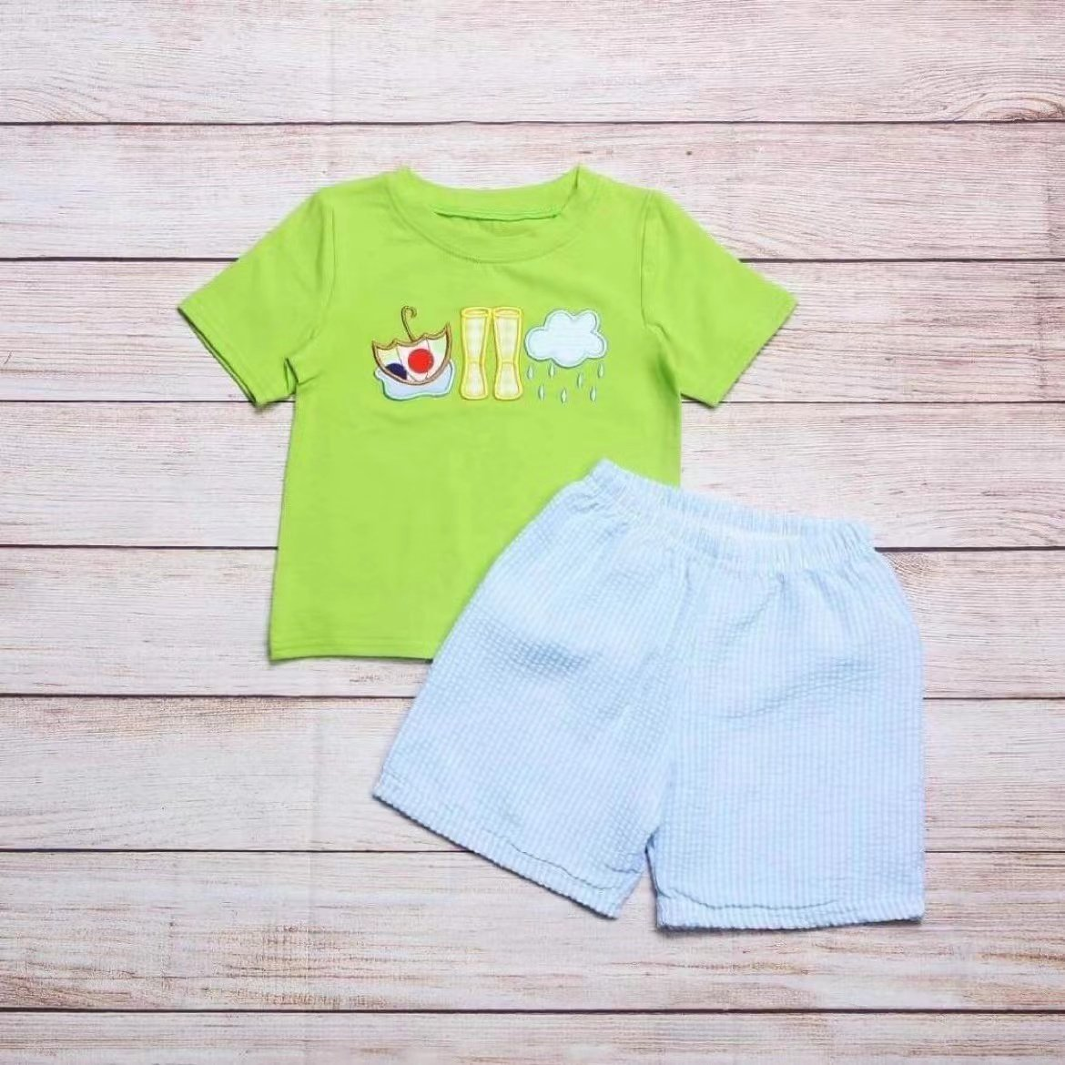 Boys Umbrella Rain Boots Green Short Sleeve Shorts Set