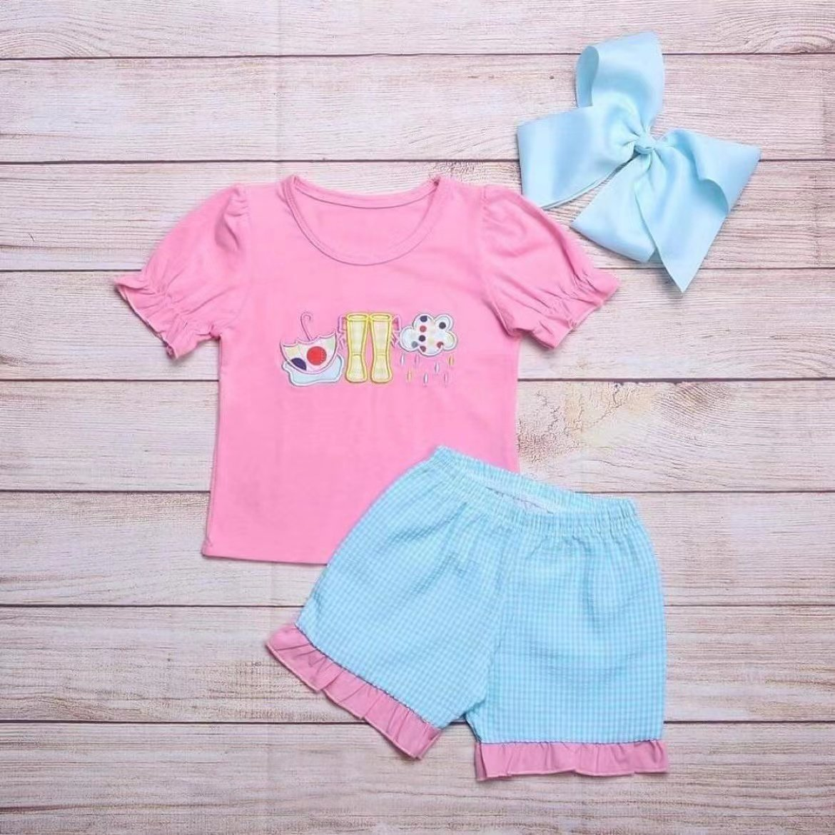 Girls Umbrella Rain Boots Pink Short Sleeve Shorts Suit