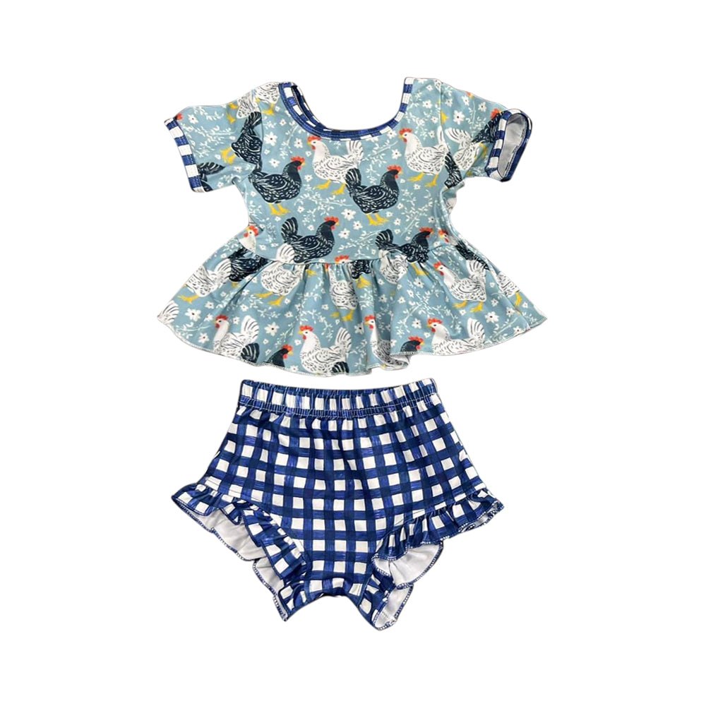 Girls Chicken Print Short Sleeve Blue Plaid Briefs Suit