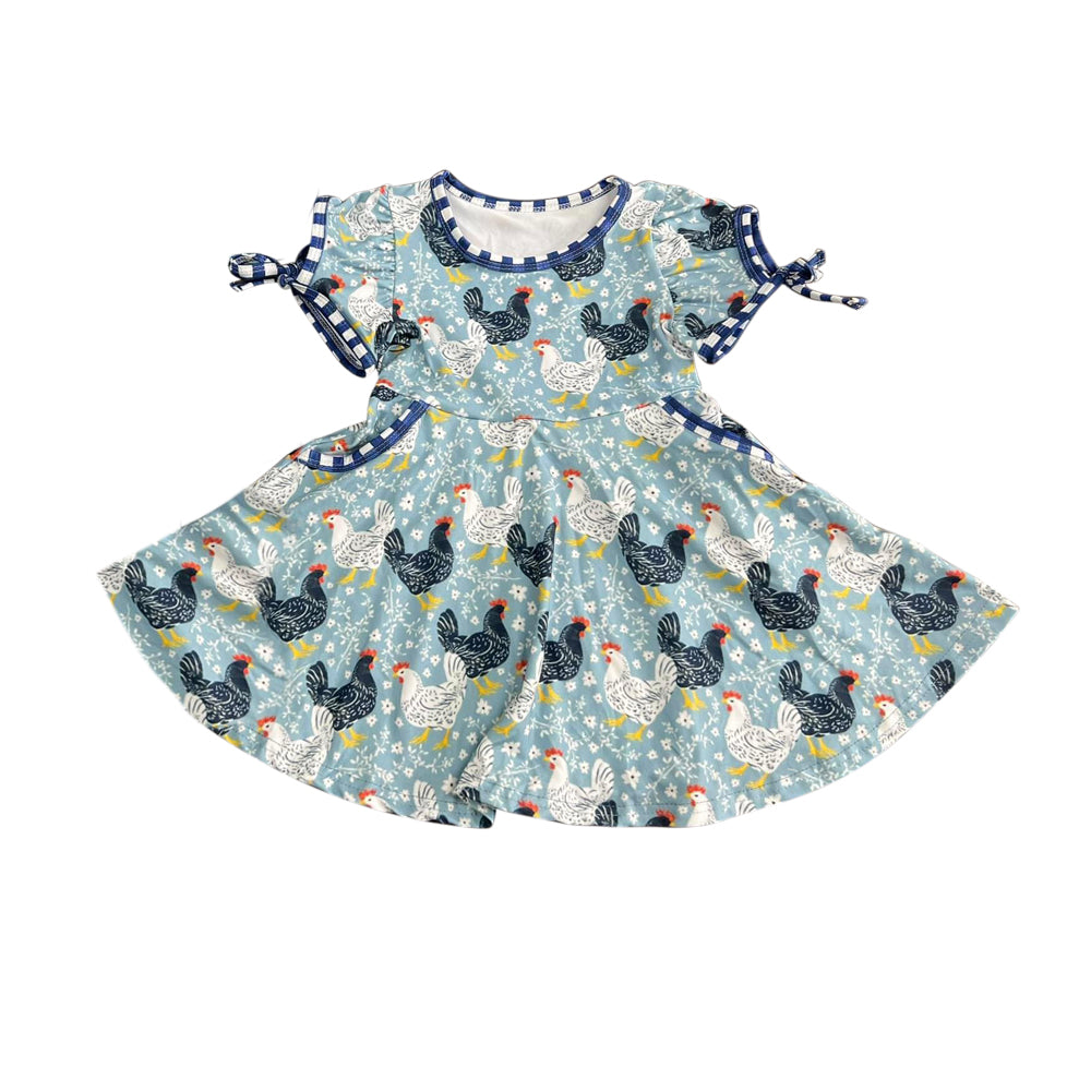 Girls Chicken Print Short Sleeve Pocket Dress