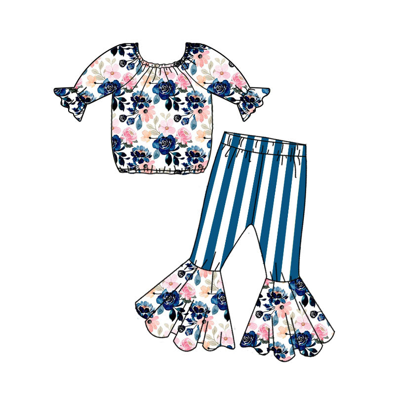 Girls Flower Long Sleeve Blue and White Striped Trousers Suit