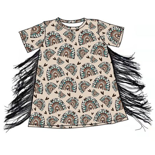Leopard Print Rainbow Heart Fringe Short Sleeve Dress