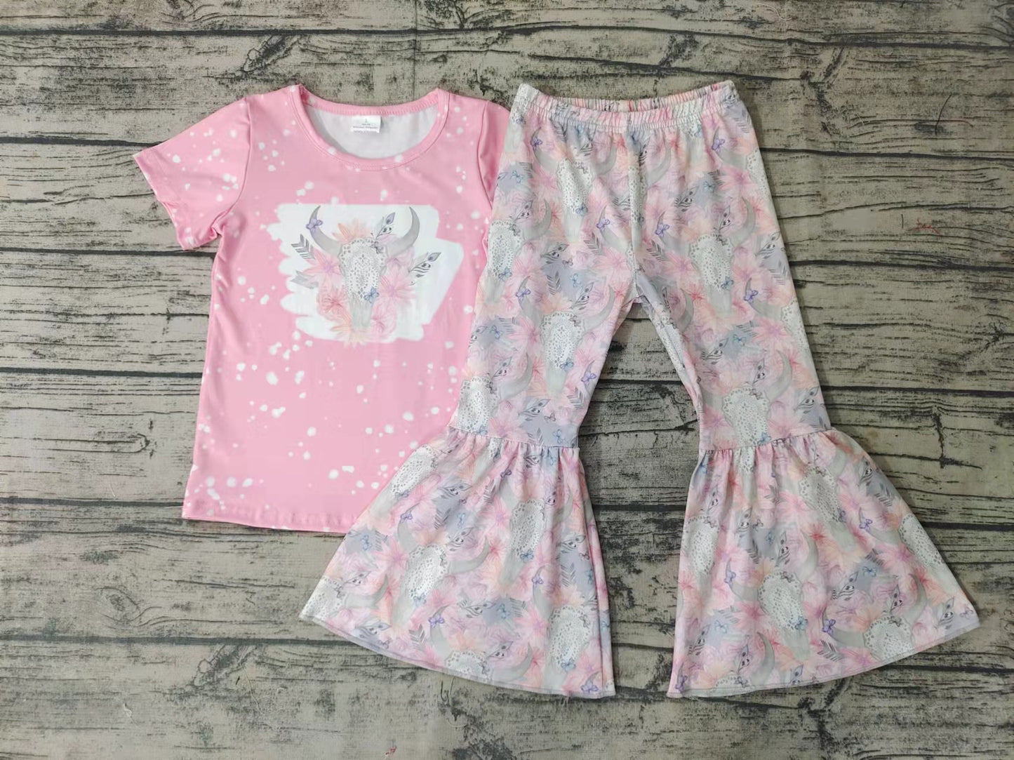 Girls' Pink Tau Flower Short Sleeve Trousers Suit
