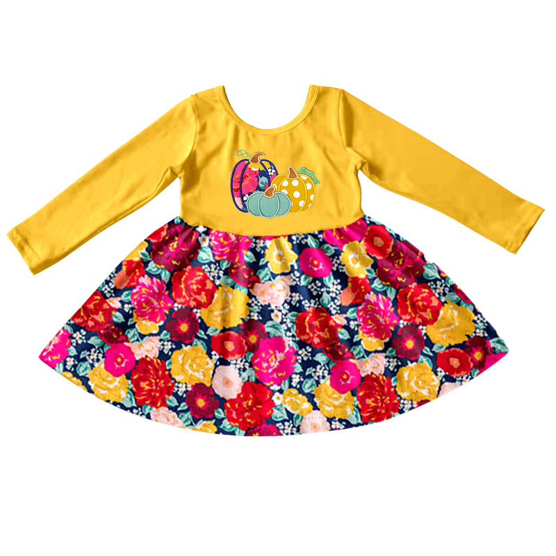 Autumn Pumpkin Flower Yellow Long Sleeve Dress