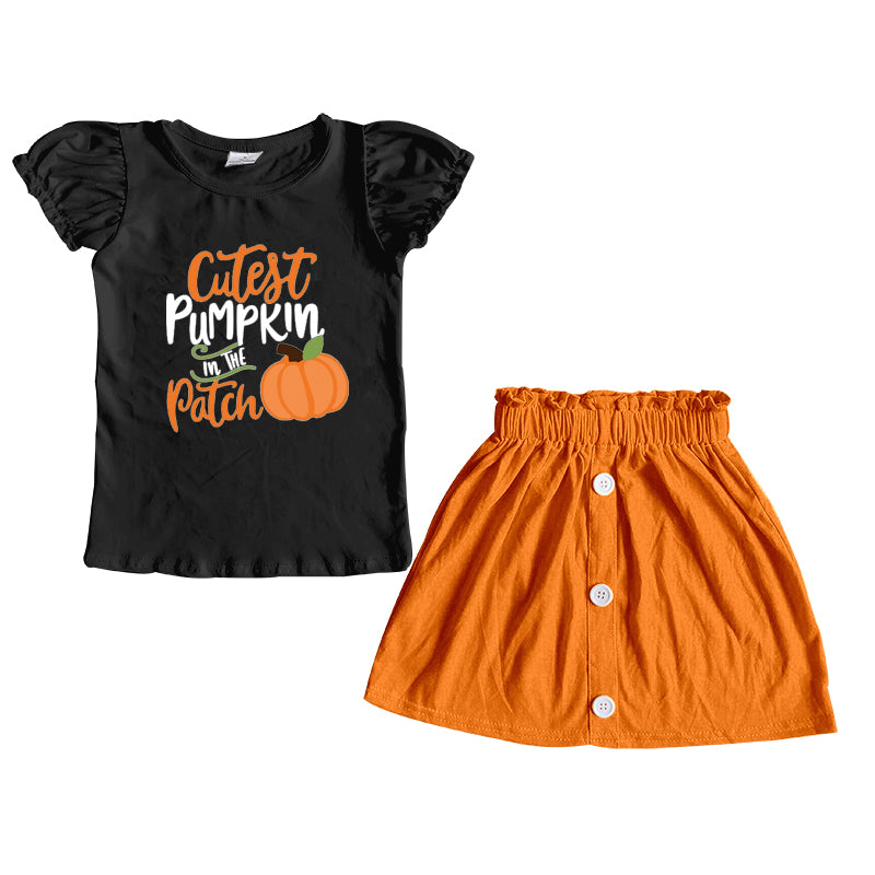 Autumn Pumpkin Black Fly Sleeve Orange Skirt Outfit