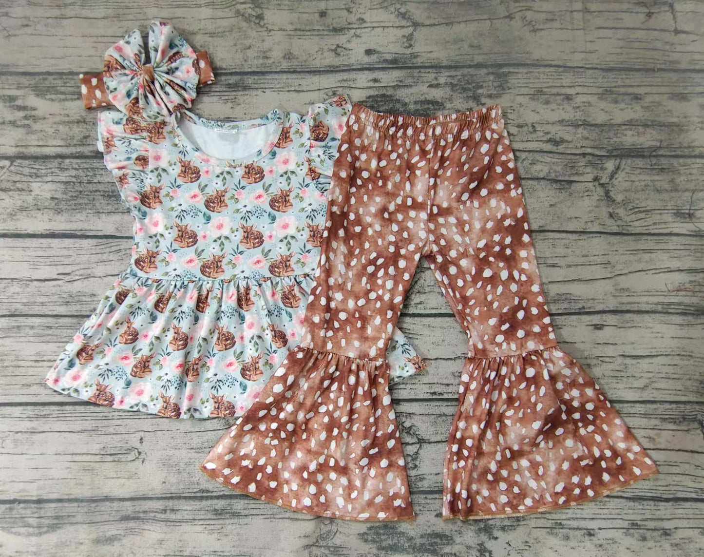 Girls Fawn Short Sleeve Brown White Dot Trousers Suit