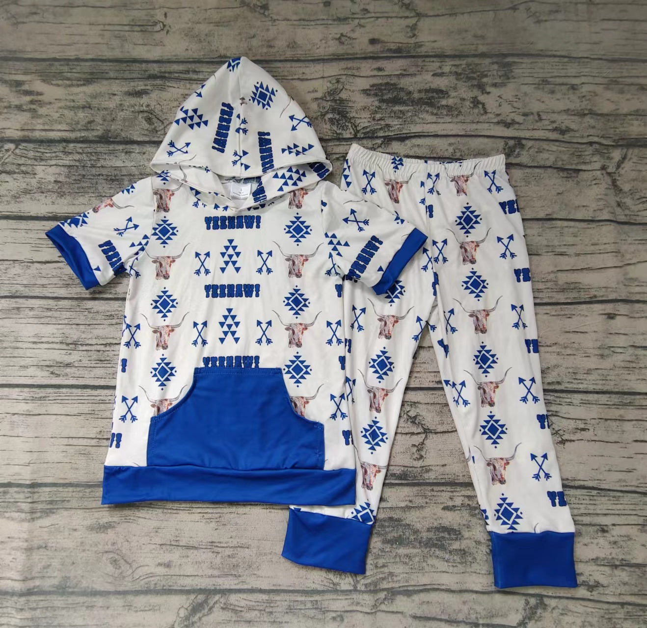 Boys Bull Head Arrow Blue Pocket Hooded Short Sleeve Pants Set
