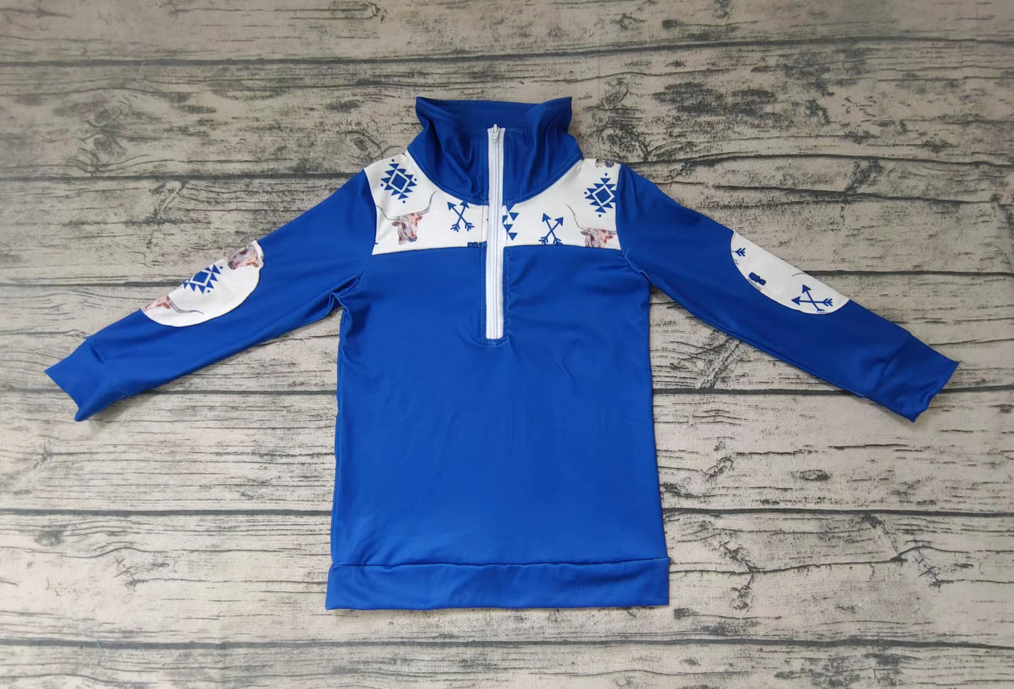 Boys Bull Head Arrow Blue Zip Long Sleeve Sweatshirt