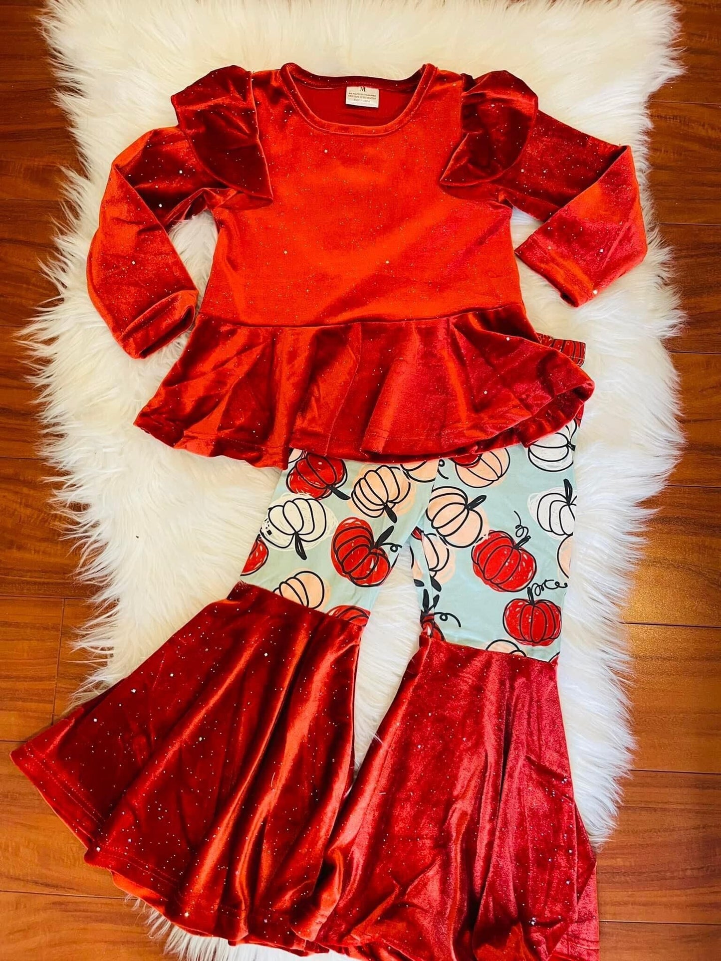 Girls Red Pumpkin Velvet Long Sleeve Trousers Boutique Set