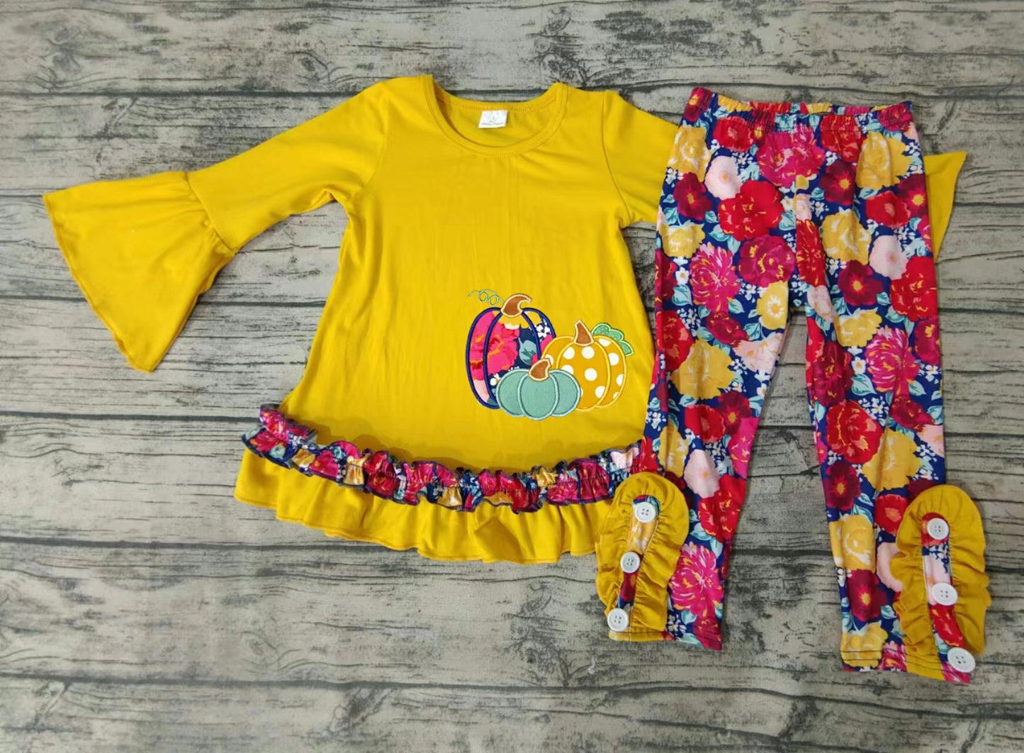 Autumn Pumpkin Yellow Long Sleeve Flower Pants Set