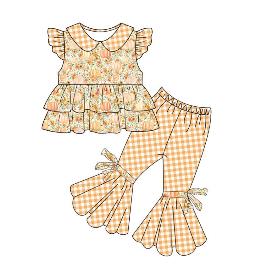 Girls Autumn Pumpkin Flower Flying Sleeve Plaid Trousers Suit