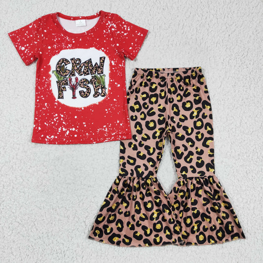 GSPO0332 Kids Clothing Girls Short Sleeve Top And Long Pants Leopard Print