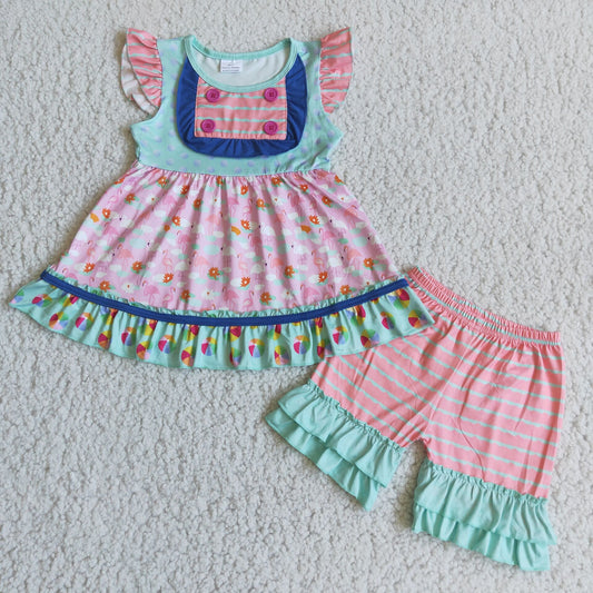 Girls Flamingo Heathered Short-Sleeve Shorts Set