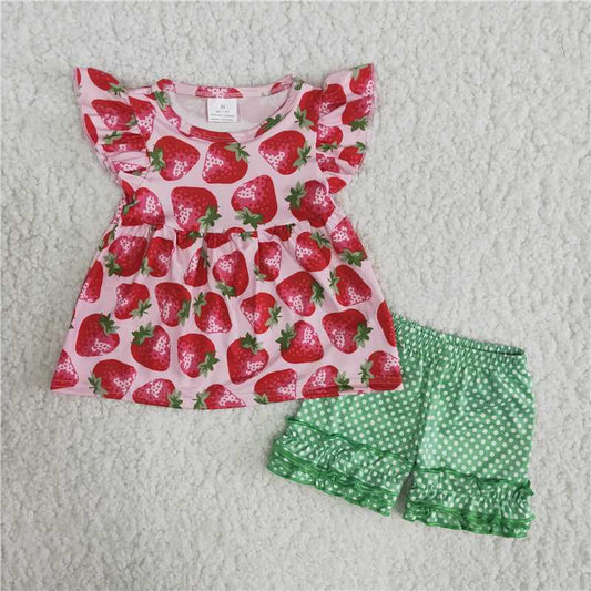 Girls Strawberry Green Polka Dot Pants Set
