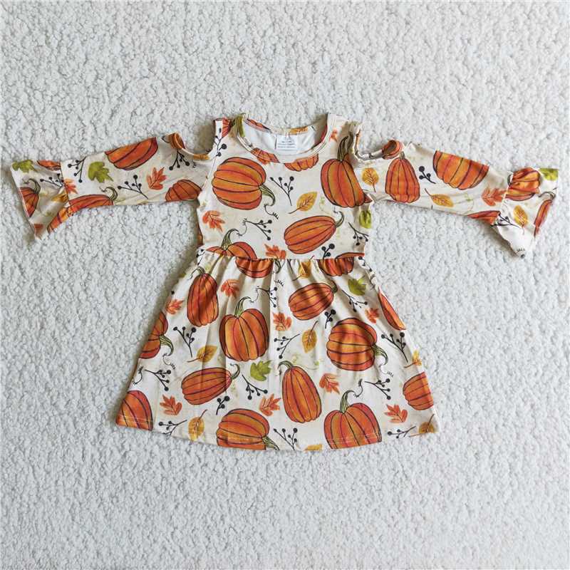 6A12-2 baby clothing off the shoulder long sleeve pumpkin print halloween kids dresses for girls milk silk