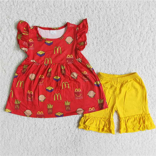 Girls Red McDonald's Fries Burger Short Sleeve Shorts Set