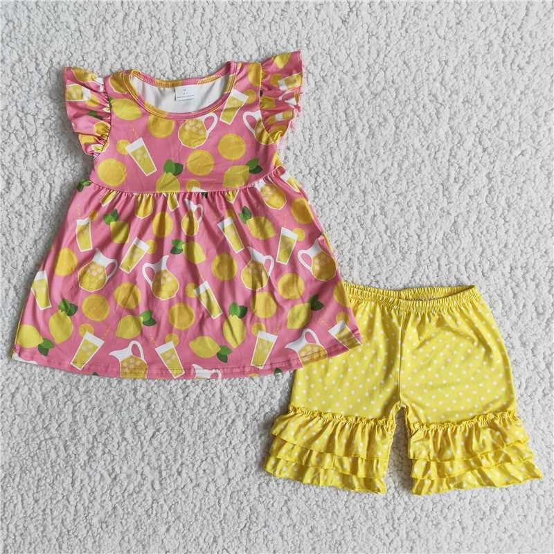 Girls Lemon Cup Dot Shorts Boutique Set