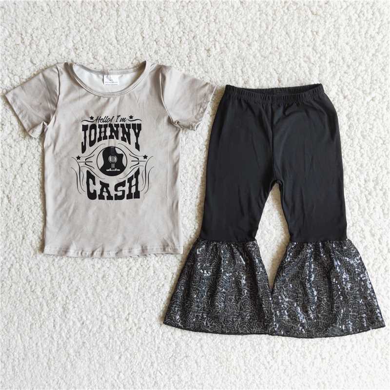 Light Grey Cash Short Sleeve Top Black Sequined Flare