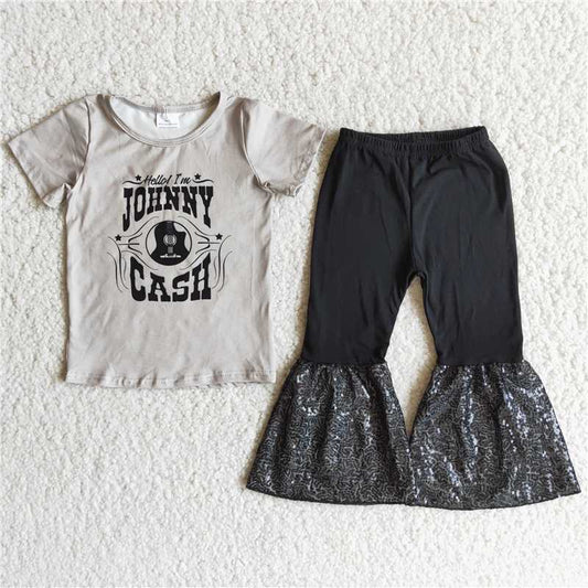 Light Grey Cash Short Sleeve Top Black Sequined Flare