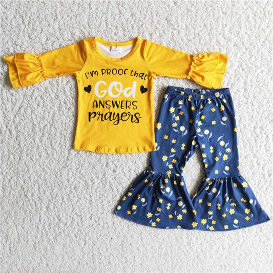 RTS NO MOQ（In Stock) 6 A3-30 2 pcs god pattern dress lace top with bell bottom pants girl outfits
