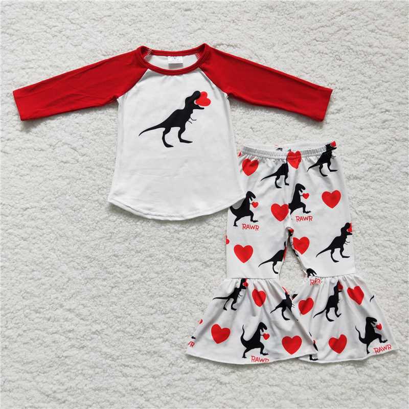 RTS NO MOQ（In Stock ) Girls Outfit Dinosaur Print Trousers Valentine's Day Boutique Set