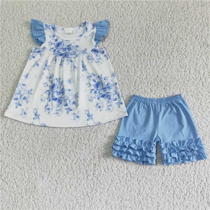 RTS NO MOQ A14-9 Small flying sleeve blue flower shorts suit