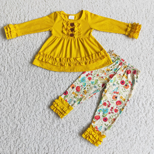 6A24-1 girls clothing long sleeve long pants  baby girl outfit milk silk flower  print