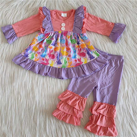 6 A14-16 Kids Easter Clothing Girls Long Sleeve Top And Long Pants Rabbit Print