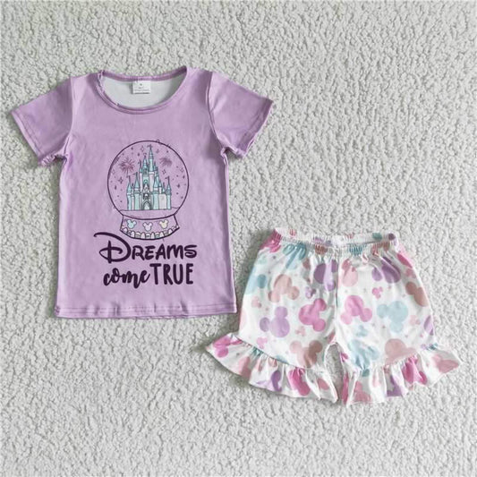 Cute Clothes GSSO0050 Baby Girls Purple Short-Sleeved Top And Ruffle Shorts Set Cute Infant Outfit