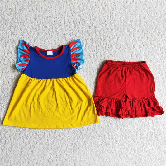 Girls blue and yellow stitching short-sleeved top red shorts boutique suit