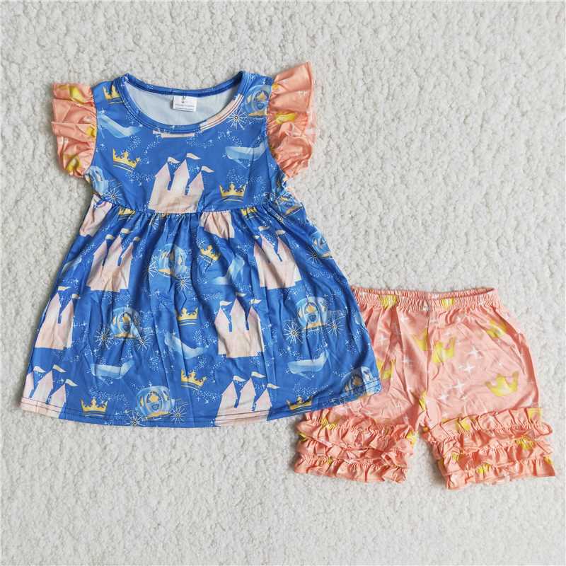 Girls Flying Sleeve Crown Short Sleeve Shorts Boutique Set