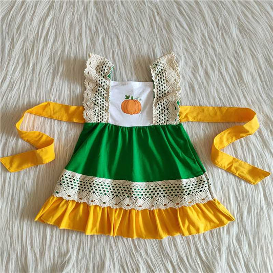 RTS NO MOQ C9-10 Pumpkin Lace Strap Yellow-Green Dress