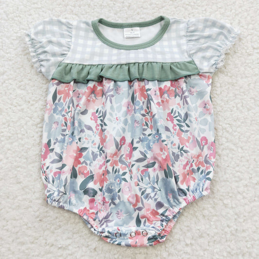 SR0345 Pink flower blue plaid short-sleeved jumpsuit