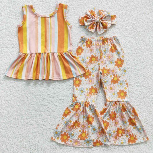 GSPO0509 Girls Color Striped Sleeveless sun flower Pantsuit