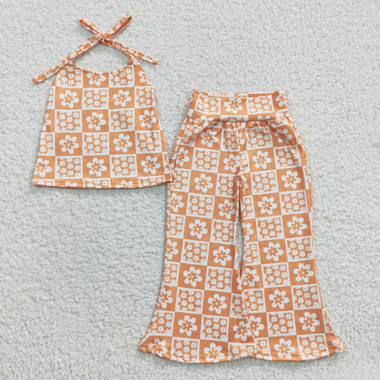 GSPO0519 Girls sun flower Plaid Halter Pant Set