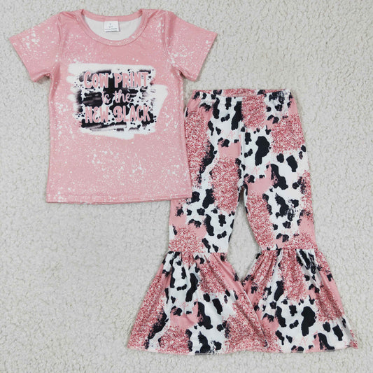 RTS NO MOQ（In Stock ) GSPO0223 Kids Clothing Girls Short Sleeve Top And Long Pants Cow Pattern
