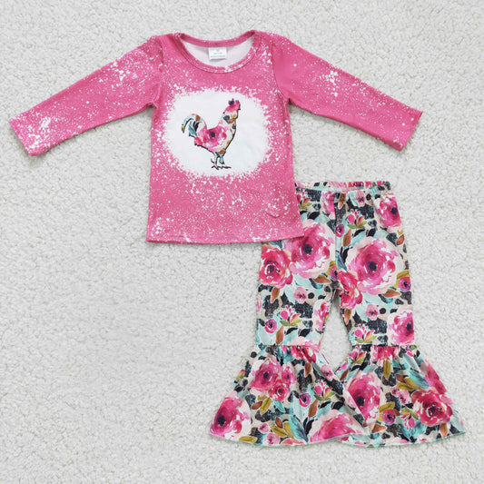 RTS NO MOQ GLP0110 Girls Outfit Rooster Print Trousers Boutique Set Milk Silk