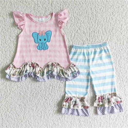 RTS NO MOQ ETA 5/7days arrived GSSO0104 Girls Pink Embroidered Elephant Flying Sleeves Blue Striped Cropped Pants Set