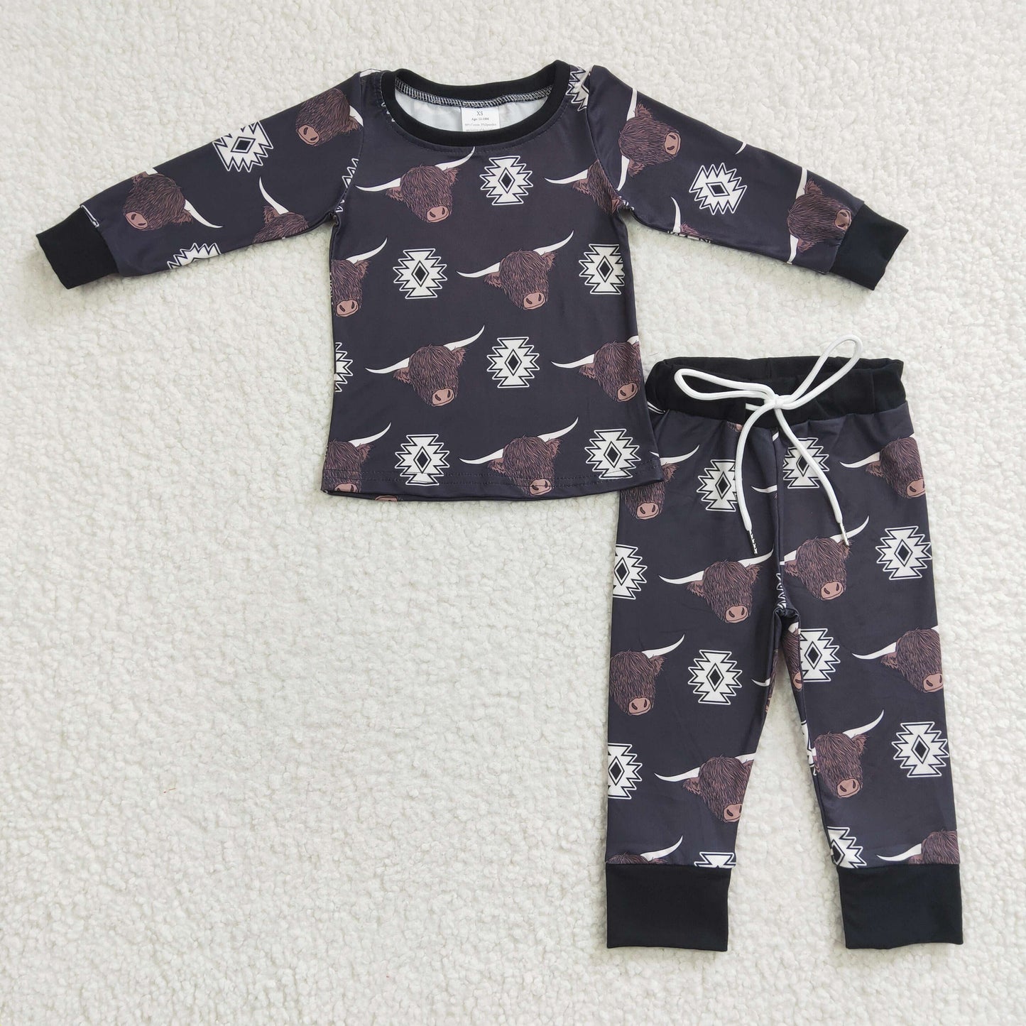 RTS NO MOQ ETA 5/7days Arrived BLP0153 Boys' Bull Head Geometric Pattern Black Long Sleeve Trouser Set
