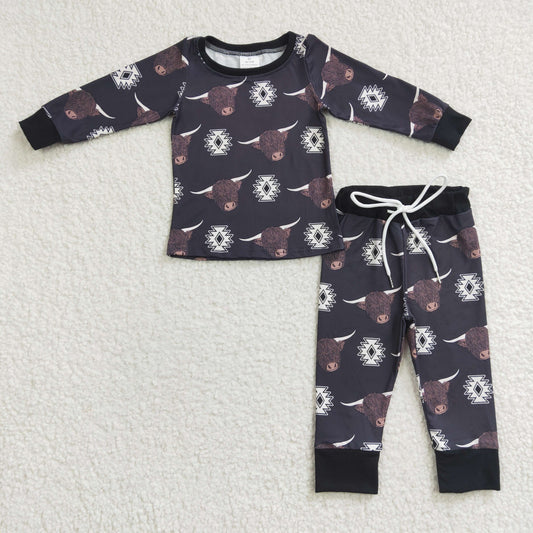 RTS NO MOQ ETA 5/7days Arrived BLP0153 Boys' Bull Head Geometric Pattern Black Long Sleeve Trouser Set