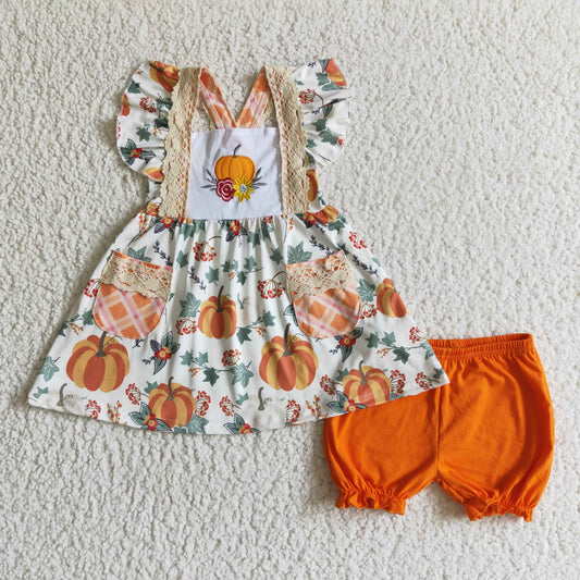 GSSO0125 Summer clothing girl Halloween short sleeve short pants pumpkin print