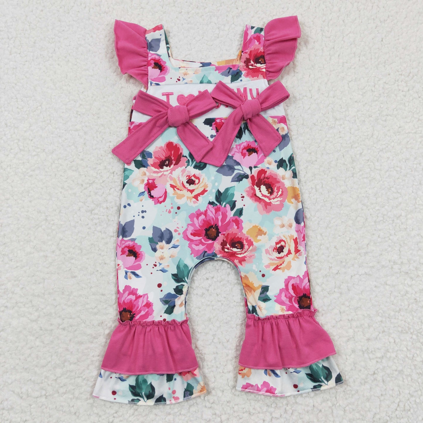 RTS NO MOQ（In Stock) Girls Embroidered Heart MOMMY Rose Red Flying Sleeve Jumpsuit