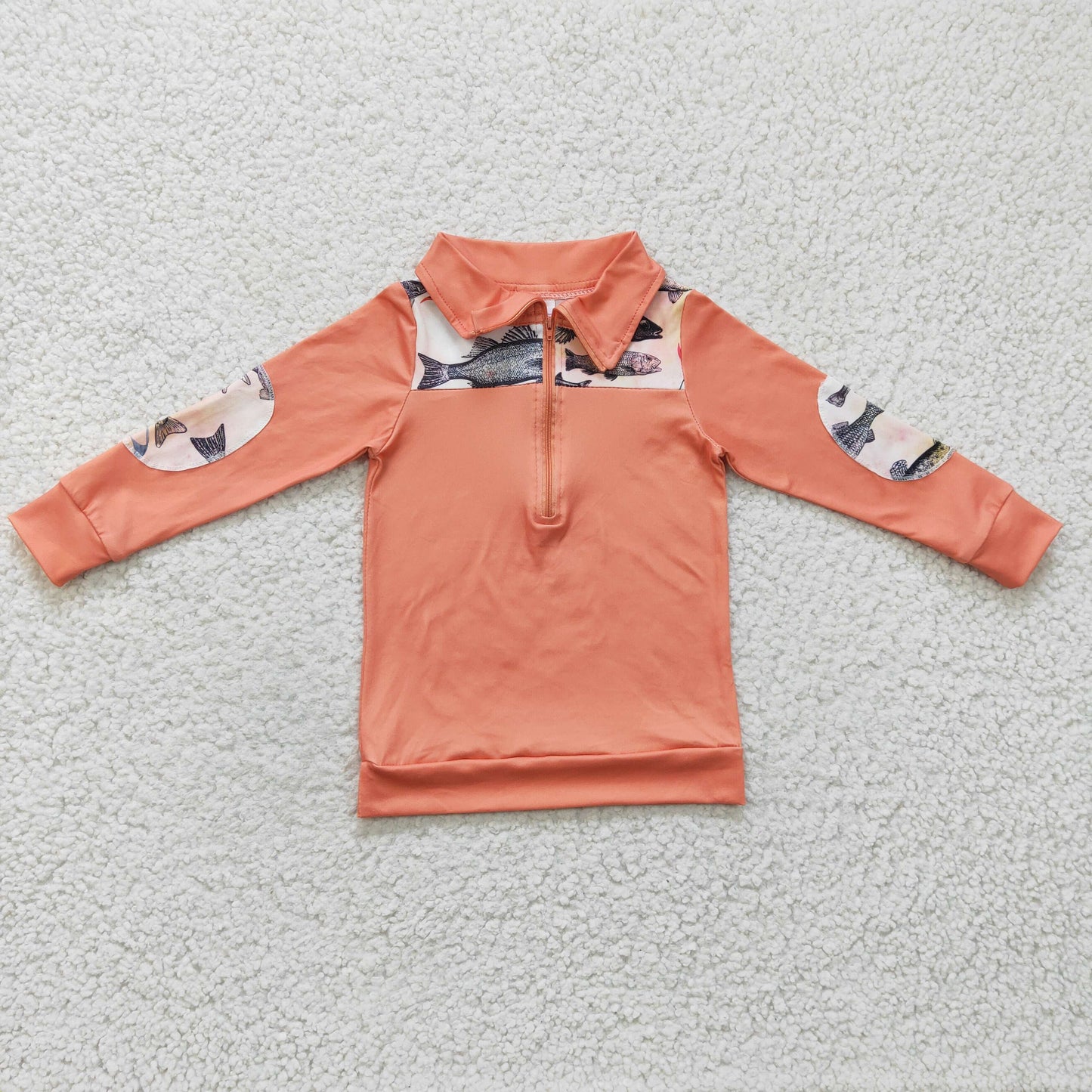 RTS NO MOQ（In Stock) Boys Fishing Orange Zip Long Sleeve Top