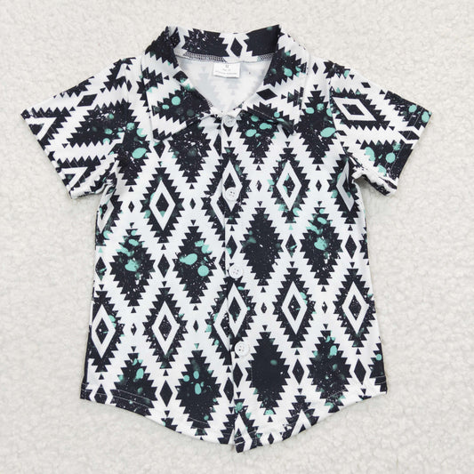 BT0212 Boys Black and White Geometric Pattern Short Sleeve Top