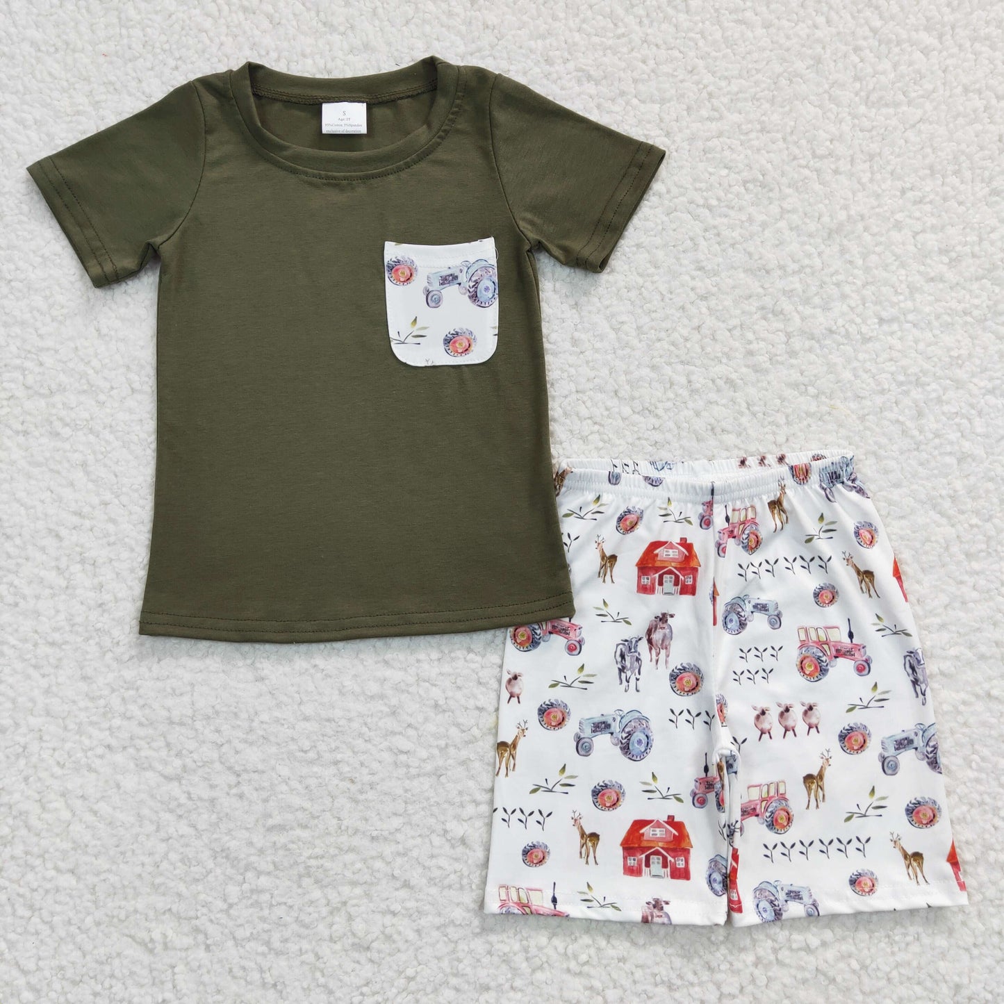 RTS NO MOQ BSSO0131 Boys Farm House Pocket Green Short Sleeve Shorts Set