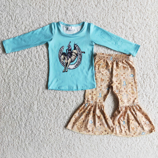 cow boy horse pattern long sleeve pants set