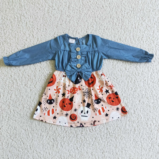 GLD0039 baby dress girl halloween long sleeve over knee dress pumpkin print