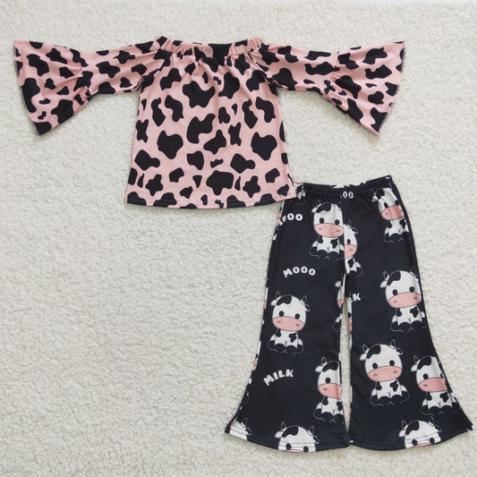 RTS NO MOQ ETA 5/7days Arrived GLP0376 Girls MOOO pink cow pattern long-sleeved trouser suit