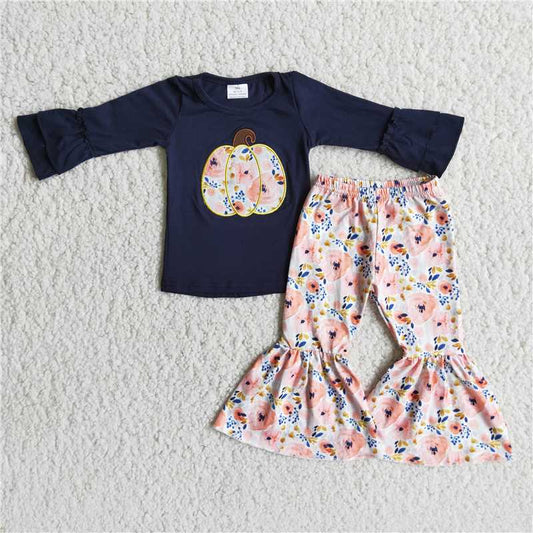 6 A9-15 girls Halloween outfit short sleeve and long pants pumpkin print